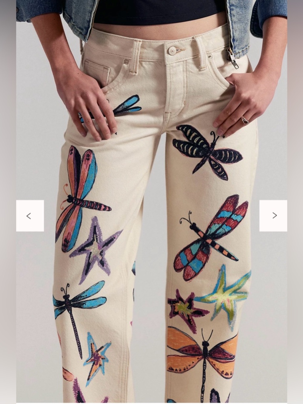 We The Free Cream Wide-Leg Jeans with Multicolor Dragonfly Art Illusions Jean 🔥 - Picture 3 of 4